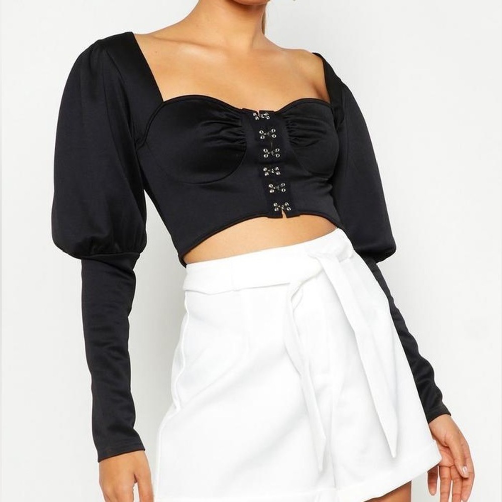 Prettylittlething Black Corset Puff Sleeve Crop Top Whimsy Size 4